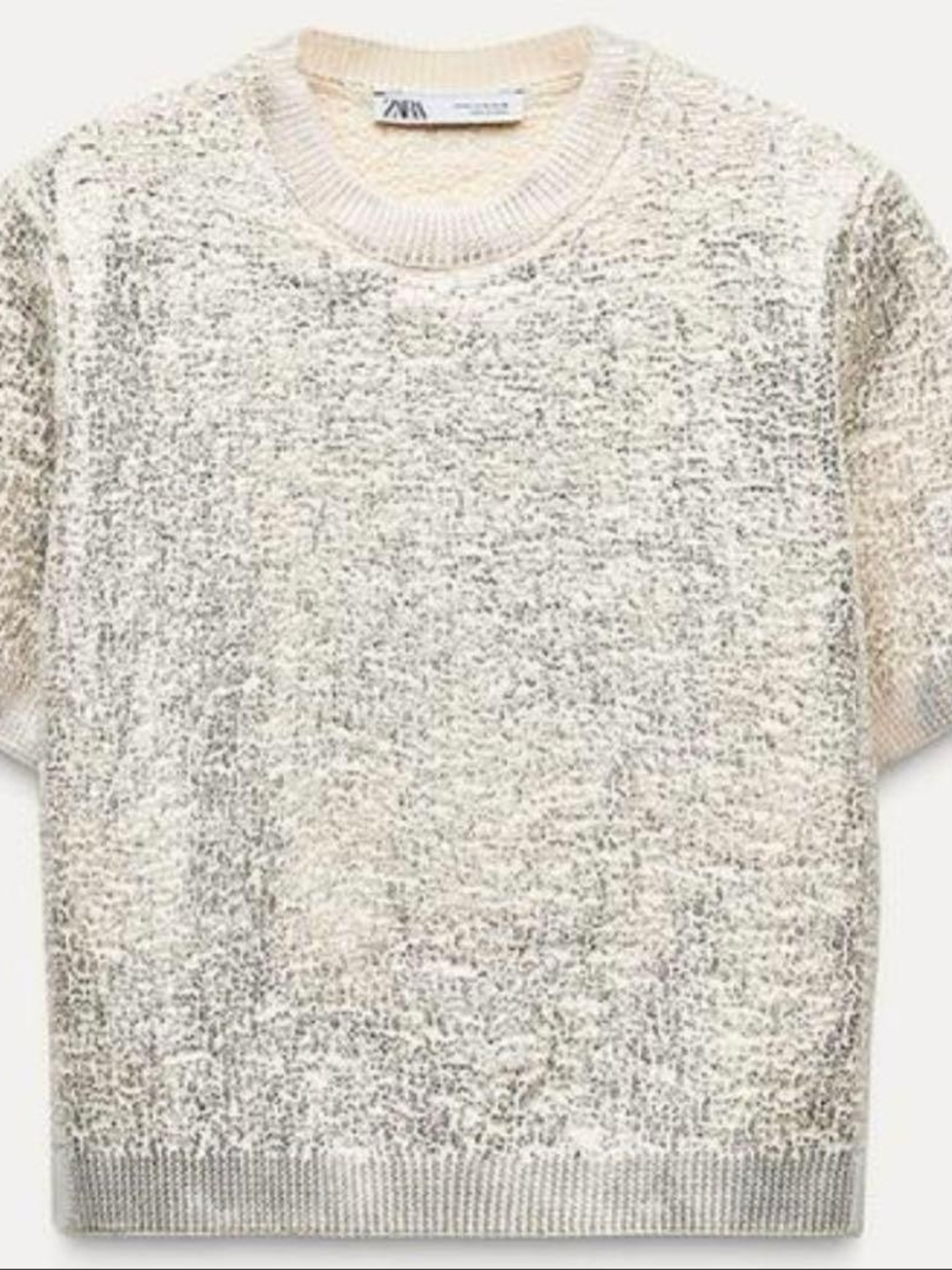 Zara Cream Textured Short Sleeve Crew Sweater